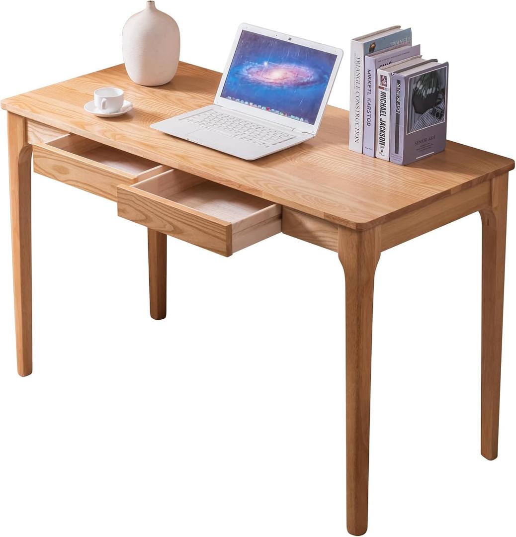 Solid Wood Desk with Drawers, Home Office Desk for Small Spaces, Gaming Work Study Desk, Student PC Desk for Bedroom, Easy to Assemble (Wood Color, 47.2 inch)