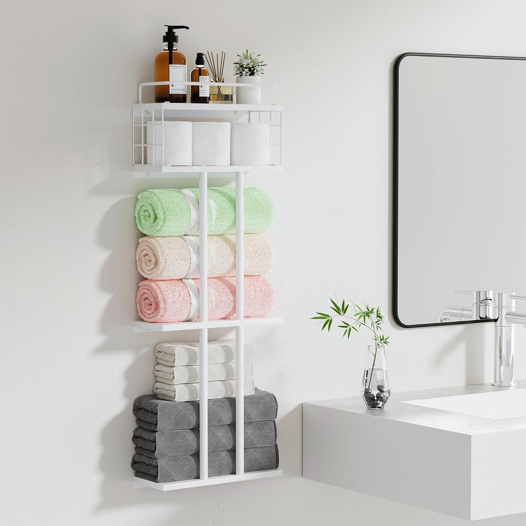 White Towel Rack for Bathroom, Metal Towel Holder for Bathroom Storage Rack with Shelf, 3-Tier Wall-Mounted Towel Organizer - Holds Rolled Towels