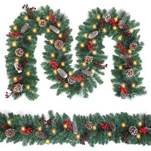 9FT Christmas Garland Battery Operated Lighted Garland with Pine Cones, Red Berries Lush Branches, 50 LED Lights, 8 ModesChristmas Decorations