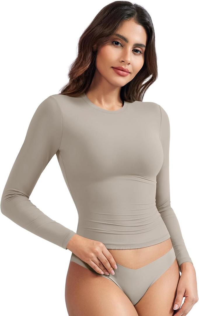 YEOREO Long Sleeve Shirts for Women y2k Tops Double Lined Basic Tee Crew Neck Going Out Sweeney Workout Undershirt (X-Small, Silver Grey)