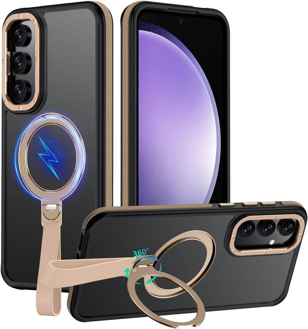 for Samsung Galaxy S23 FE Case with 360Spin Magnetic Stand-Finger Strap, [Fit for MagSafe][Mil-Grade Protection],Non-Slip Shockproof Rugged Ring Holder Matte S23 FE Phone Case (Desert Gold)