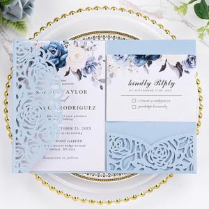 AdasBridal 50PCS Baby Blue Laser Cut Wedding Invitation with Envelopes and Rsvp Cards Invitaciones Para 15 Aos Quinceaera Wedding Baby Shower(Tri-fold, Blank Inner Cards)