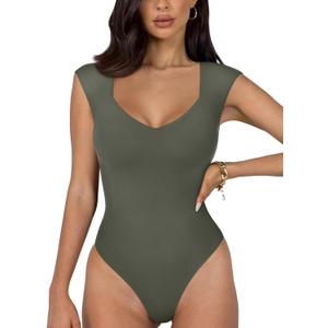 REORIA Women's Summer Sexy Casual V Neck Double Lined Seamless Sleeveless Slimming One Piece Leotards Going Out Trendy Tank Top Tees Thong Bodysuits Grey Green Small