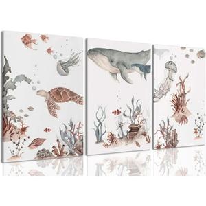 FCCUYE Ocean Nursery Decor,Nursery Wall Decor,Kids Bathroom Decor,Under The Sea,Boys Room Sea Animal Wall Art Picture Canvas Prints Set of 3,Bedroom 12x16 Inch Framed