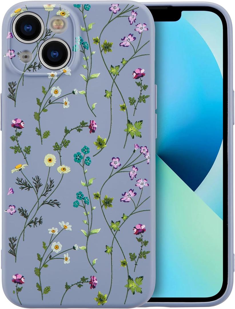 RALEAVO Floral Case for iPhone 13,Liquid Silicone Cover with Cute Flower Branch Pattern for Girls Women Slim Soft Rubber Protective Phone Case for iPhone 13 6.1",Gray