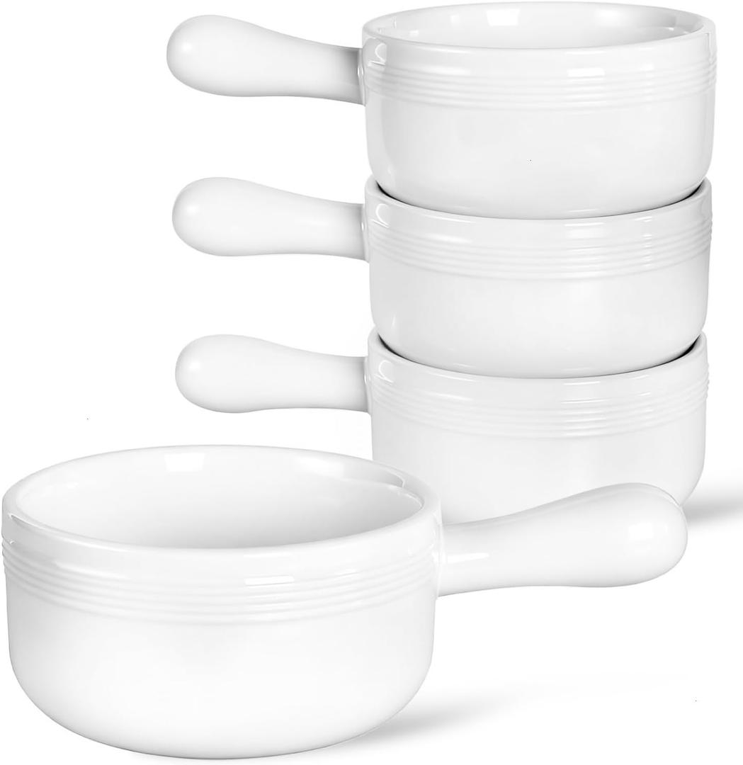 French Onion Soup Bowls, 16 oz Ceramic Soup Bowls with Handles, French Onion Soup Crocks for Chili, Stew, Cereal, Oven Microwave Dishwasher Safe, Set of 4, White