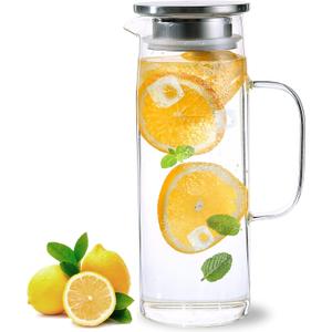 Heat Resistant Glass Pitcher With Lid And Spout, Glass Iced Tea Pitchers Beverage Pitchers For Fridge, Glass Water Pitcher And Carafe 1500ml/51oz