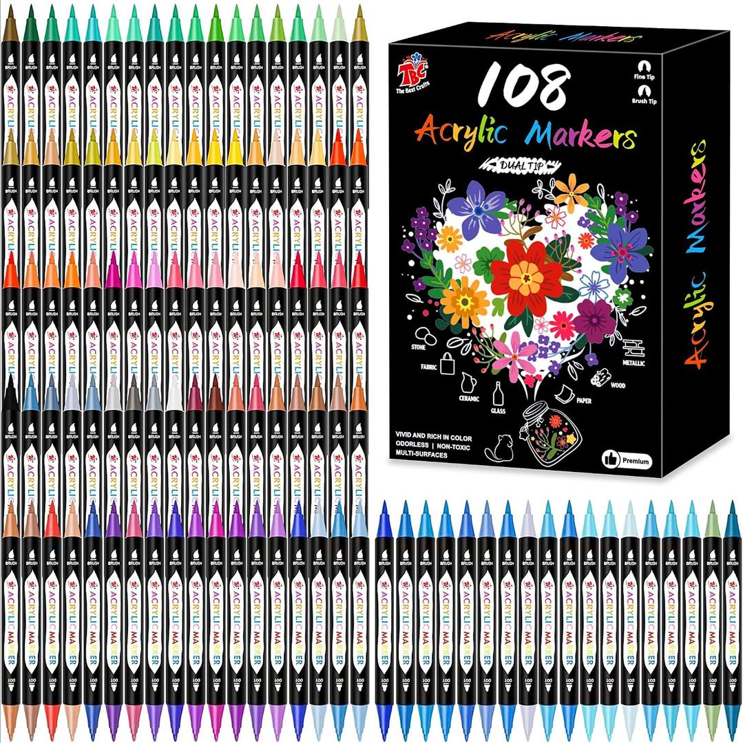 TBC The Best Crafts Acrylic Paint Markers, 108 Colors Dual Tip Pen