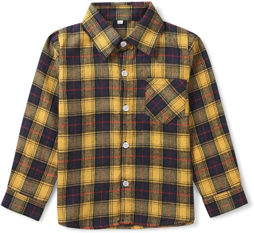 Boys Flannel Shirt Toddler Buffalo Plaid Shirt Long Sleeve Button Down Shirts Kids Casual Tops (2T, G010 Yellow Navy)
