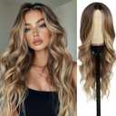 Long Blonde Wig for Women Middle Part Ombre Blonde Wavy Wigs Natural Looking Synthetic Heat Resistant Fiber Wigs for Daily Party Use (26 Inch)