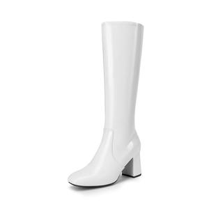 DREAM PAIRS Women's Gogo Boots Square Toe Side Zipper Chunky Heel Knee High Boots For Women, Size 7, White