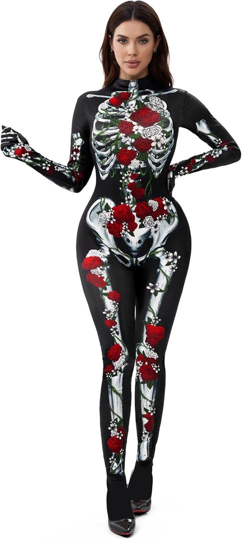 Spooktacular Creations Halloween Women Floral Skeleton Jumpsuit Costume Halloween Costumes for Women Adult 2025 (Large)