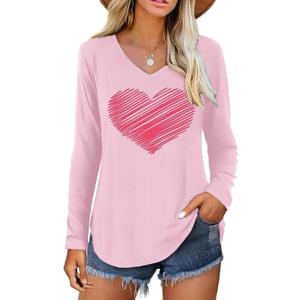 Valentine V Neck Shirt for Women Cute Love Heart Long Sleeve Casual Tee Tops (Pink, L)