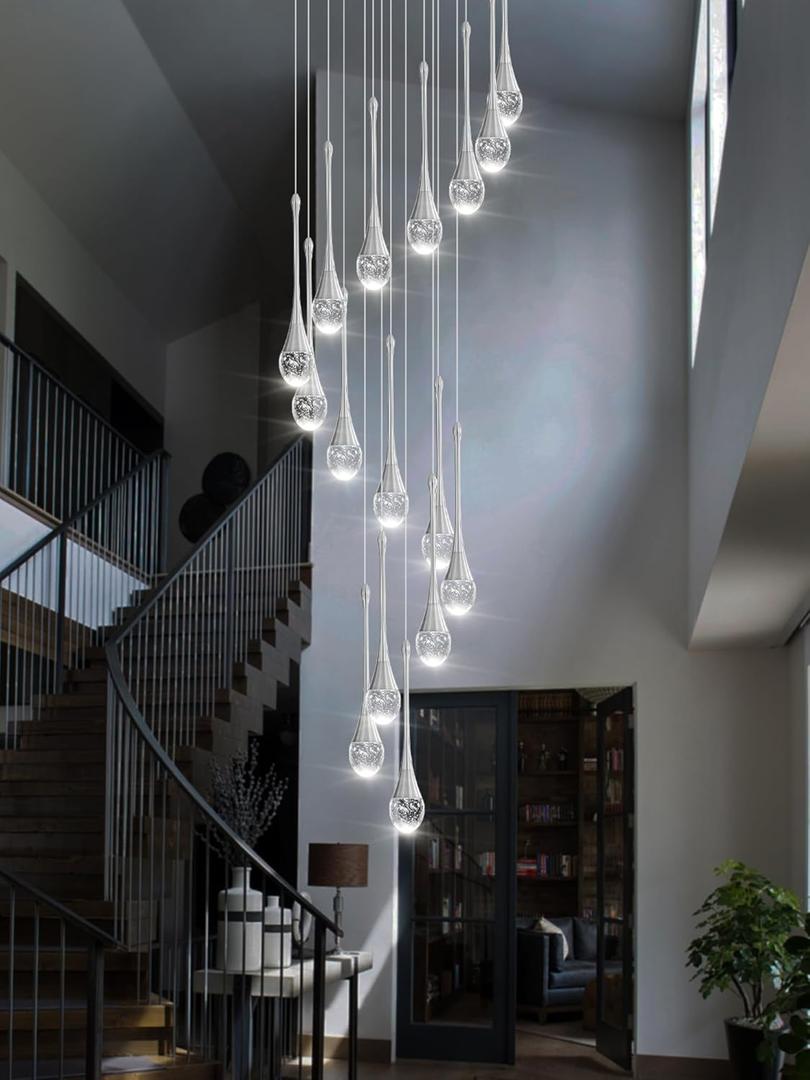 Ykolupty Modern Crystal Chandeliers LED Dimmable Stairwell Chandelier Silver Teardrop Chandelier Large Pendant Light for Entryway Foyer Living Room