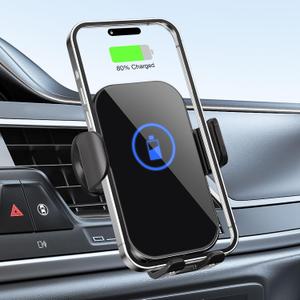 15W Fast Wireless Car Charger Mount, Auto-Clamping Phone Holder for iPhone 16/15/14/13/12, Samsung S24/S23/S22/S21,Qi-Certified Car Phone Charger (Black)