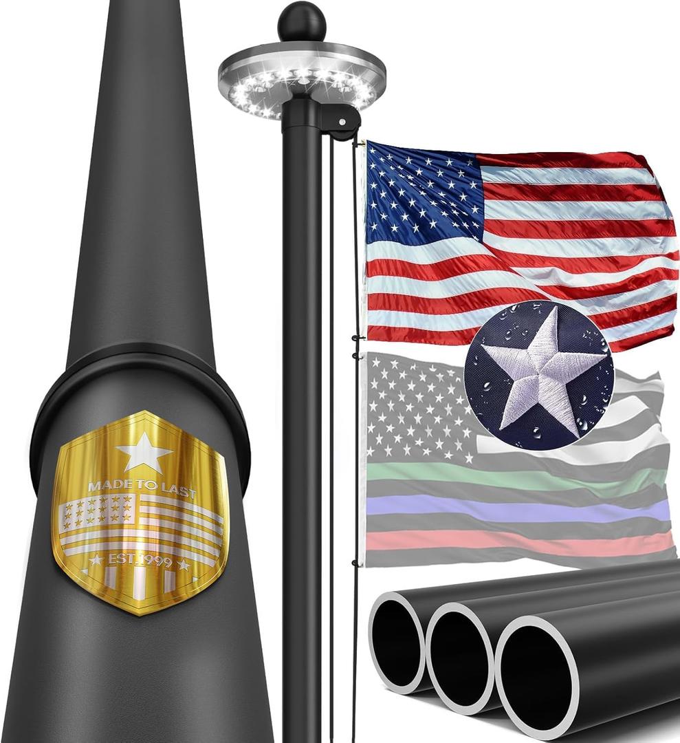 20FT Heavy Duty Flag Pole Wind-Resistant Tapered Design, 2.4" Large Bottom Tube, Aluminum Residential Flagpole Kit with Solar Light, USA Flag, Complete Set, Great Gift Choice