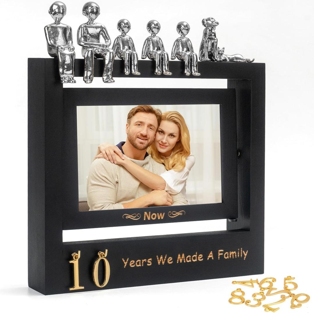 Then & Now Anniversary Picture Frame 1~99 Years Anniversary Wedding Engagement Photo Frame with Family Statue - Anniversary Wedding Gifts For Wife Him - Bridal Shower Wedding Ideal Gifts for Couple Holds 2 4x6 Inches Photos - Black