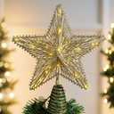 Christmas Tree Topper Star 12 Inch Gold Glitter Hollow Star Tree Topper Metal with Warm White 30 LED Lights for Xmas Decorations Ornaments Indoor Decor Holiday Party