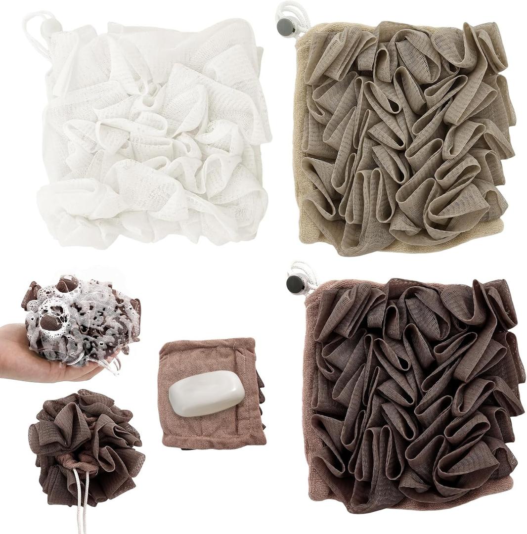 3 PCS Soap Bar Loofah That Holds Bar Soap-Exfoliation Mesh Shower Ball,2 in 1 Bath Loofah Sponge with Drawstring (Coffee, Khaki, White)
