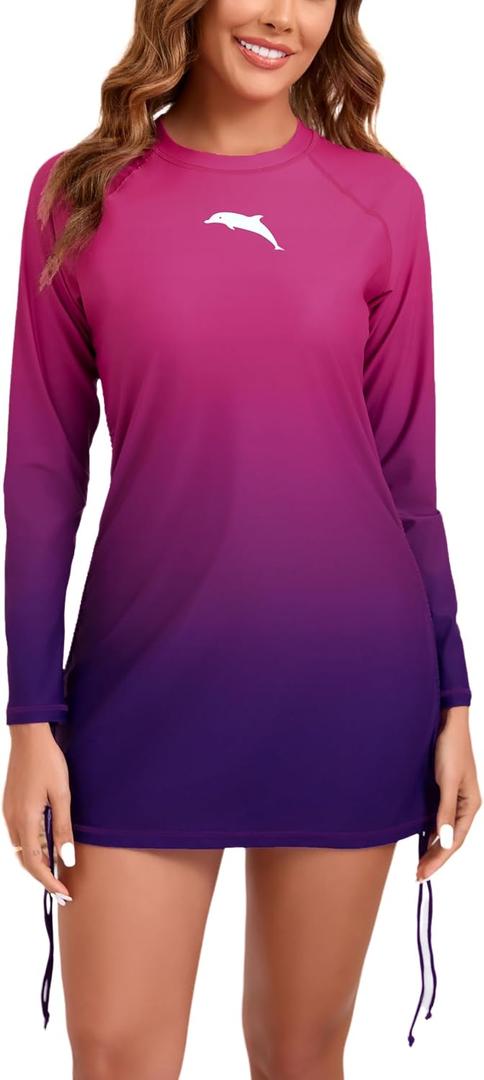 Halcurt Women's Long Sleeve Rash Guard Swim Shirt with Tie Drawstring UPF 50+ Sun Protection Swimsuit Top (XL)