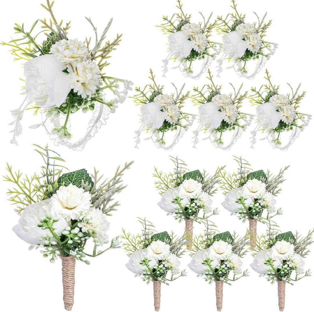 12 Pcs 6 Inch Wedding Corsage and Boutonniere Set Artificial Rose Wedding Corsage Wristband with Pins for Prom Men Bride Party Accessories Groom Groomsmen Women Bridesmaids (Retro, White)