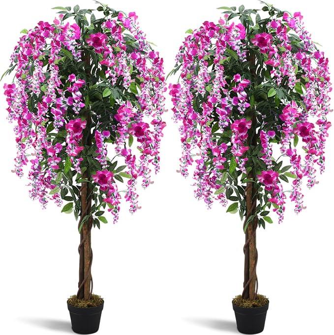 Thiccywoov 2 Pack 5ft Artificial Wisteria Tree Tall Fake Tree with Cement Base Pot Faux Floor Plant Decoration for Indoor Outdoor Home Office Housewarming Gift(Rosy Pink)
