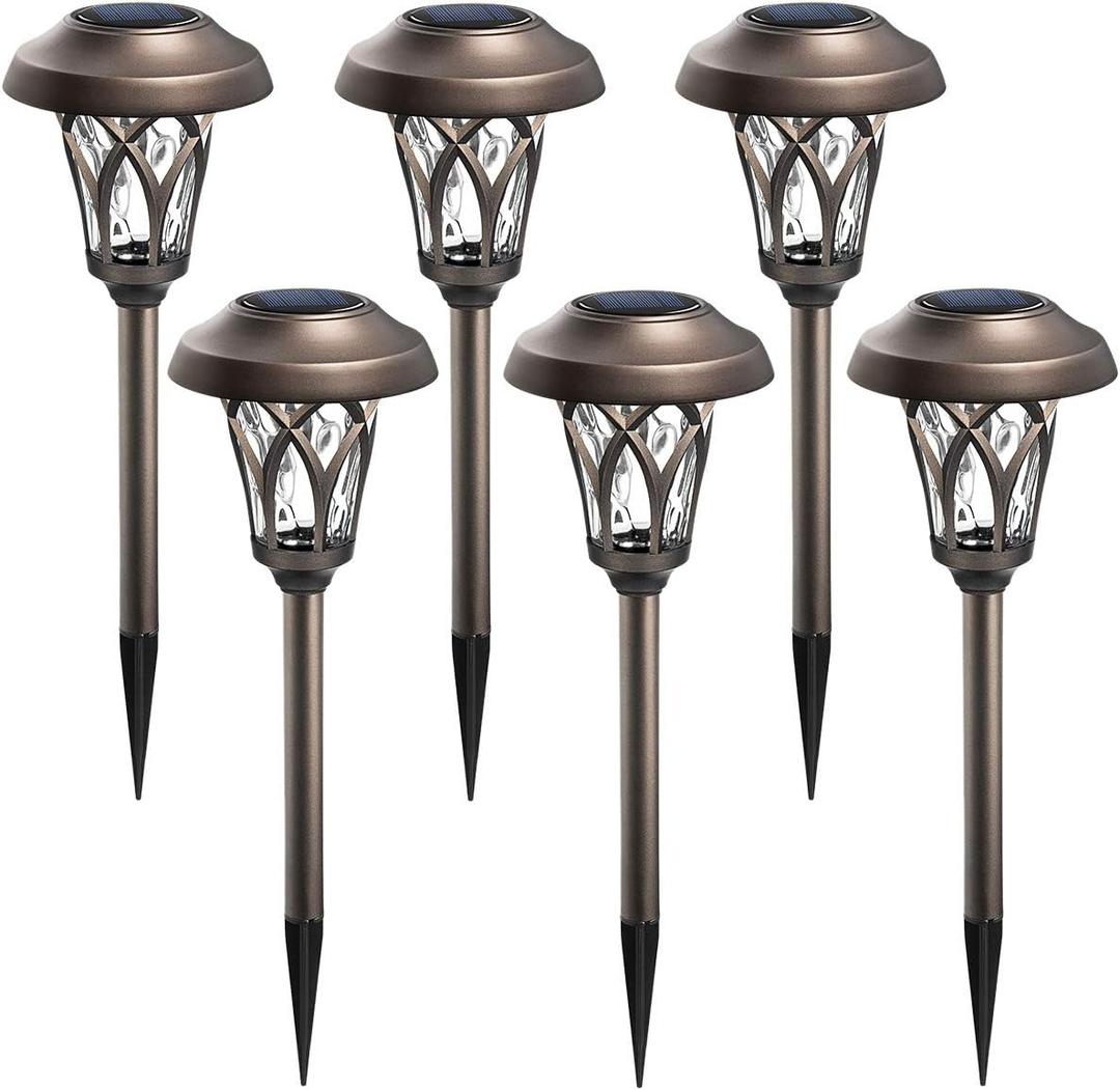 GIGALUMI 6 Pack Solar Pathway Lights Outdoor, Metal Glass & ABS Solar Landscape Lights Waterproof IP65, Warm White Solar Powered Garden Lights for Yard Patio Walkway Driveway (Brown)