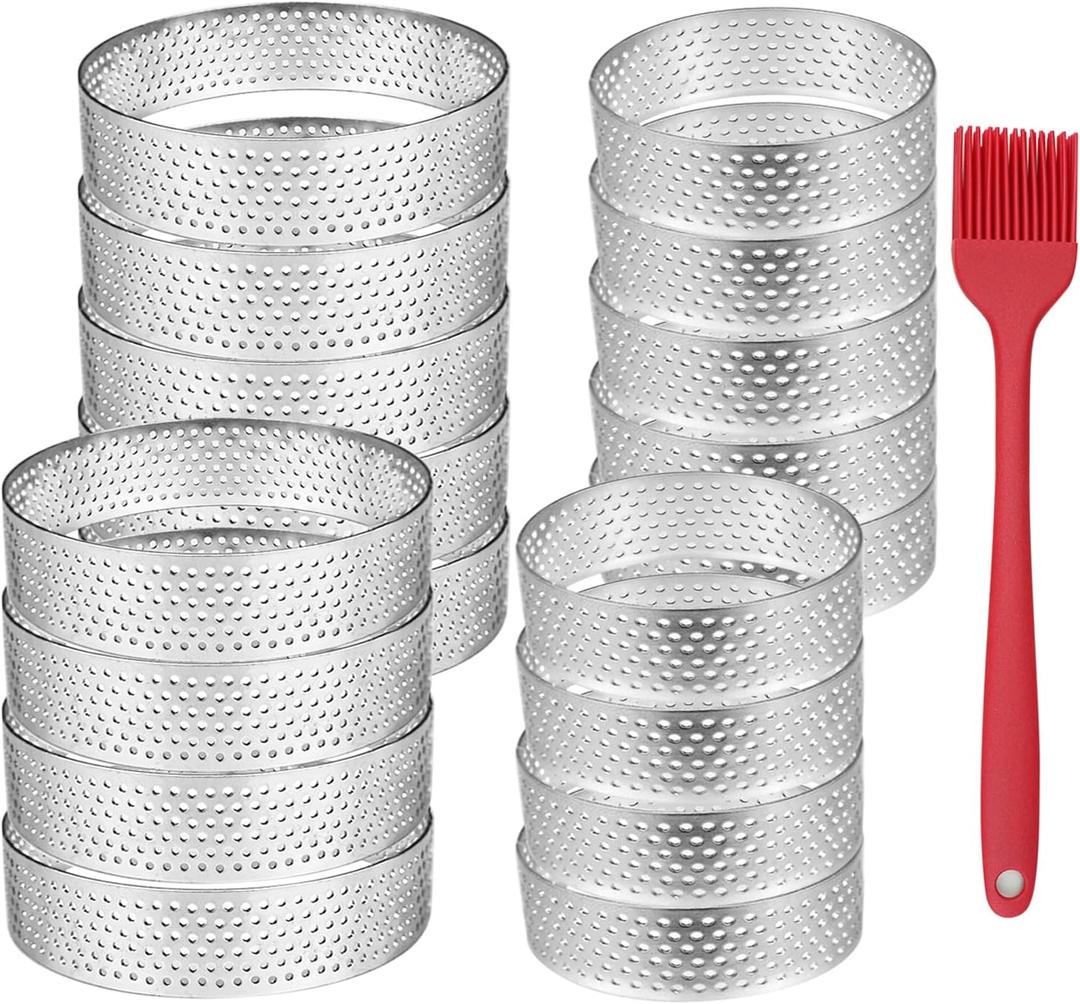 20 Pack Tart Rings 3.15 + 2 Inch Perforated Tart Rings Stainless Steel, Nonstick Round Tart Ring Mousse Cake Ring Metal Round Cake Ring for Baking Small Fruit Tart Crust