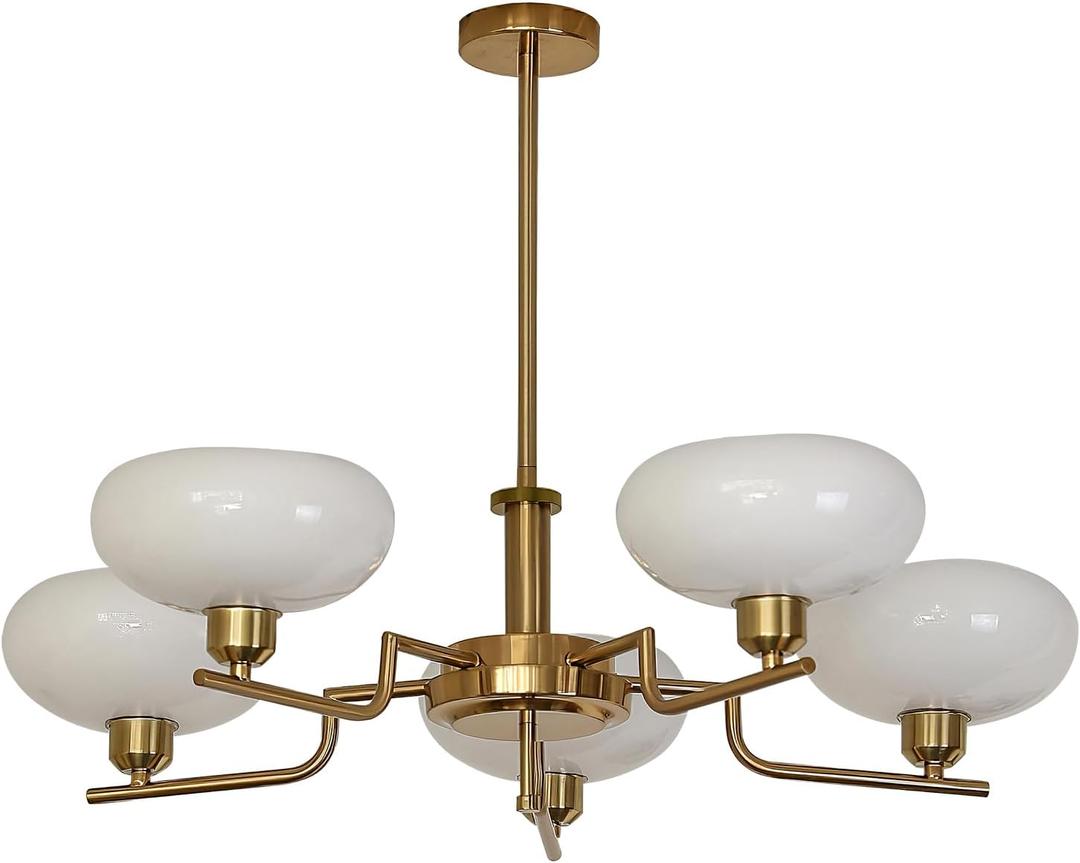 Mid Century Hanging Modern Chandelier, 5-Light Sputnik Globe Glass Ceiling Light Fixture Adjustable Hanging Farmhouse Chandelier with Milk White Glass Shades for Dining Room Living Room Bedroom