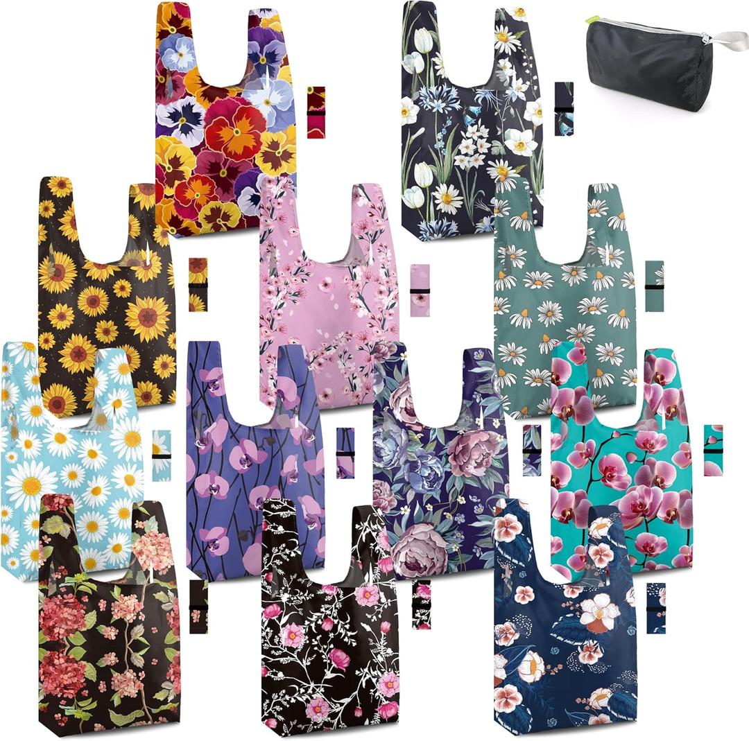 BeeGreen Large Flower Tote Bag - 12 Pack Heavy Duty Reusable Grocery Bags and Foldable Shopping Bags for Groceries, Cute Travel Reusable Gifts,Lightweight Washable Cloth Bag With Handles for Women