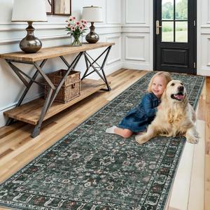 Green 3x10 Washable Runner Rug: 10ft Runners for Hallways Soft Non Slip Kitchen Rugs for Bedroom Bathroom Entryway - Stain Resistant Vintage Floral Carpet (Dark Green Multi, 3X10)