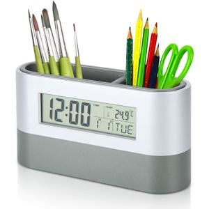 Pencil Holder, Pen Holder with Digital LCD Clock Calendar Timer Temperature Display for Home Office Desktop Pencil Cup Electronic Pencil Cup Multifunctional LED Desk Clock 15 x 4.7 x 8cm