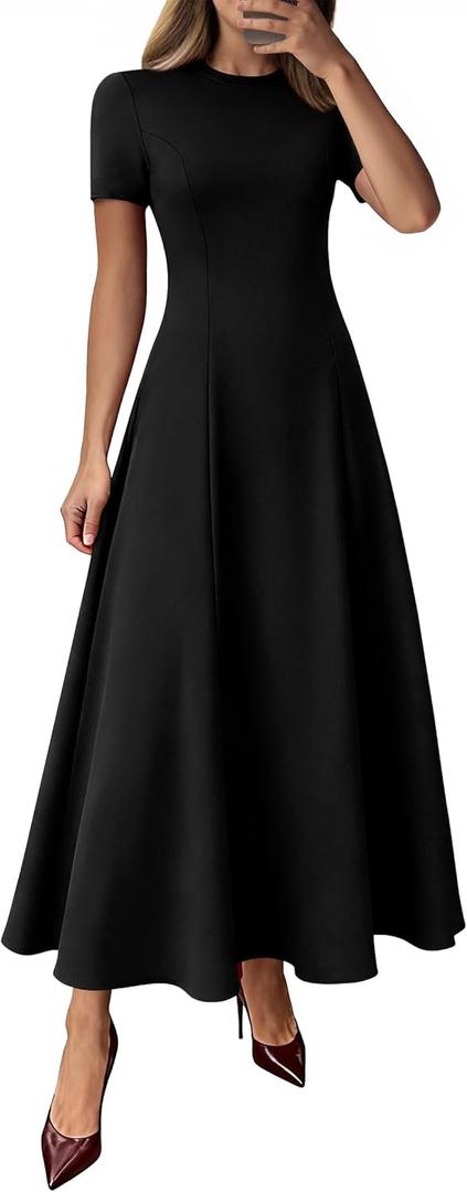 KIRUNDO Wedding Guest Dresses for Women 2026 Spring Summer Short Sleeve Pleated Long Flowy A Line Formal Maxi Dress Pockets, Large