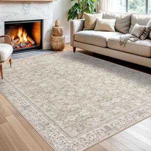 SIILOOM 5x7 Area Rug for Bedroom, Cream Beige Yellow White Grey Large Vintage Neutral Rug with Non-Slip, Non-Shedding Washable Area Rugs for Living Room, Soft Floral Carpet for Office Home Dcor