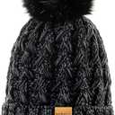 2 x REDESS Women Winter Pompom Beanie Hat Fleece Lined Warm Hats, Thick Slouchy Snow Knit Crossed Cap for Ladies (Black)