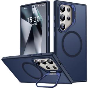 JAME for Samsung Galaxy S24 Ultra Case, Slim S24 Ultra Case with Stand, [Compatible with MagSafe], Built-in Camera Stand Translucent Matte Phone Case for S24 Ultra, Stand Blue