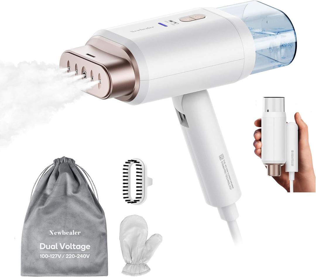 Newbealer Dual Voltage Garment Steamer - 120V/220V, 1200W Powerful Steamer for Clothes, Home & Travel Use, Horizontal & Vertical Steaming, 20s Heat-up, Foldable, 1.72lbs, 180ml (Gold) Newbealer Dual Voltage Garment Steamer - 120V/220V, 1200W Powerful Steamer for Clothes, Home & Travel Use, Horizontal & Vertical Steaming, 20s Heat-up, Foldable, 1.72lbs, 180ml (Gold)