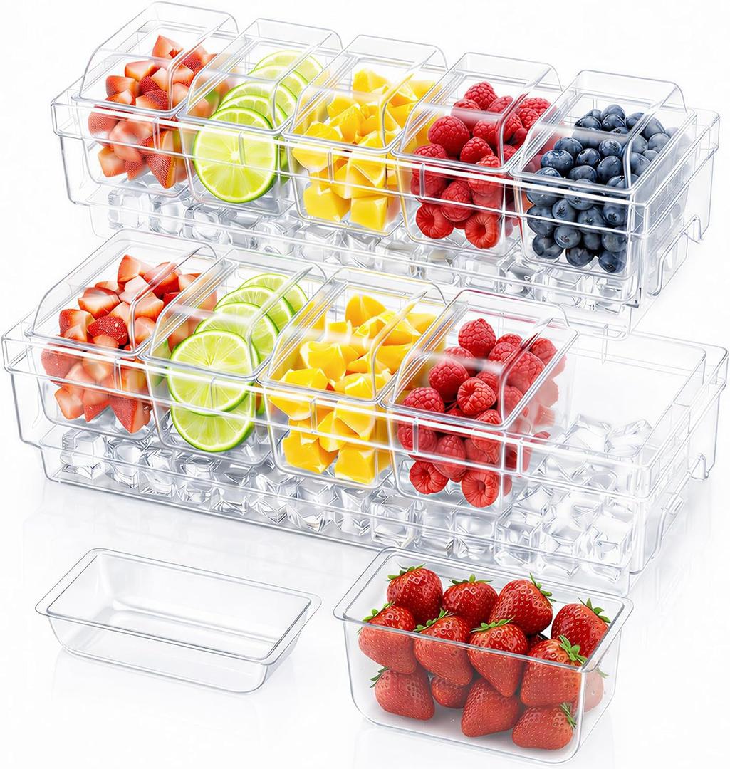 Lifewit Chilled Condiment Containers with Lids 2 Pcs, Plastic Taco Bar Serving Set for Party with 5 Containers, Ice Garnish Tray for Mimosa Bar Supplies, Clear Serving Platter for Fruit, Salad, Snack
