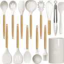 Silicone Cooking Utensils Set - 446F Heat Resistant Silicone Kitchen Utensils for Cooking,Kitchen Utensil Spatula Set w Wooden Handles and Holder for Non-Stick Cookware, BPA FREE (Cream White)