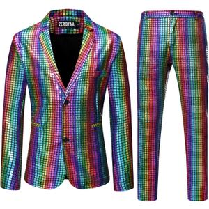 ZEROYAA Men's Metallic Shiny Suits Disco Sequin Blazer and Pants 2 Piece Sets for Party Prom (Small, Multicolor)