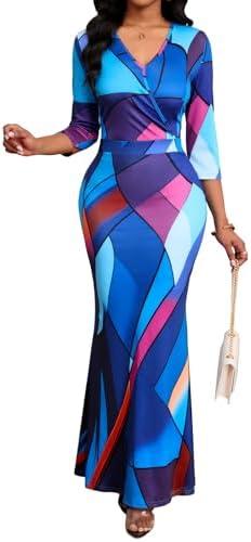 VisiChenup Women's Sexy Maxi Dress Casual V Neck Long Sleeve Long African Dresses S