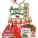 13 Pcs Summer Watermelon Tiered Tray Decor Set Farmhouse Wood Summer Wood Sign Hawaii Tiered Tray Decorations Tabletop Rustic Wooden Red Gnome Table Signs for Home Kitchen Table Decoration