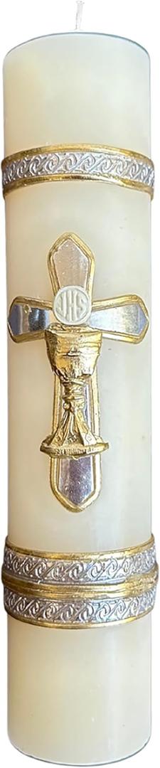San Rafael Arcangel Holy Grail Cross Candle for First Communion or Baptsim White Candle Silver Cross Design Vela Catolica de Primera Comunion o Bautizo con Cruz Christening Celebration 8 inch