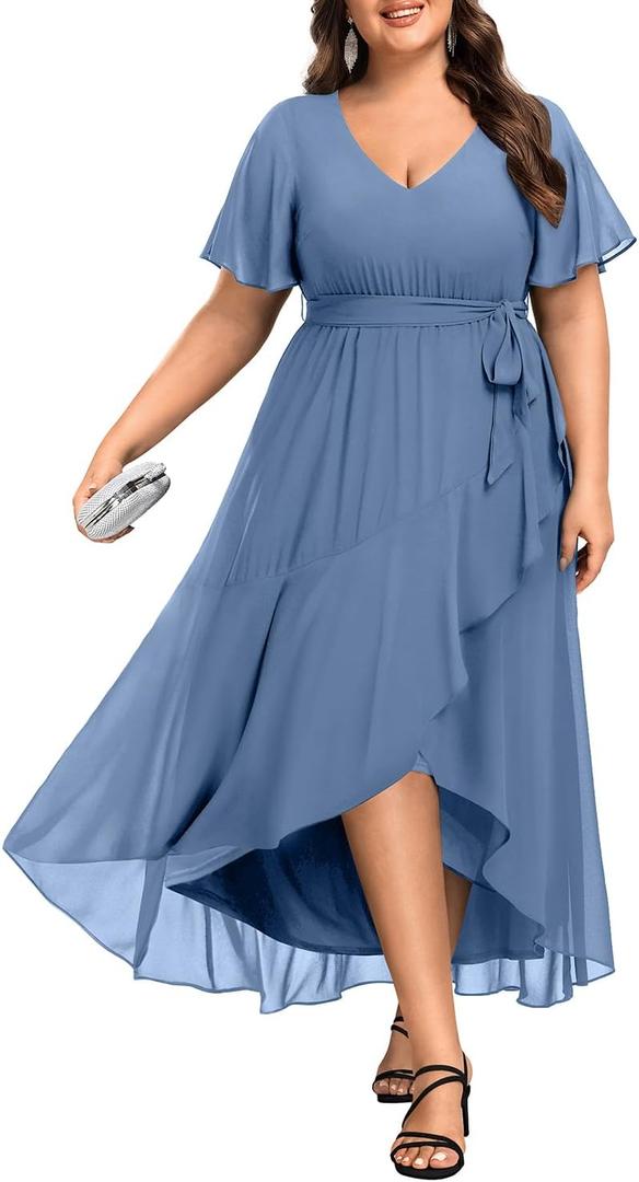 Talisea Womens Plus Size Long Dress Chiffon High Low Split Ruffle Evening Bridesmaid Wedding Guest Formal Maxi Dresses, 18 W