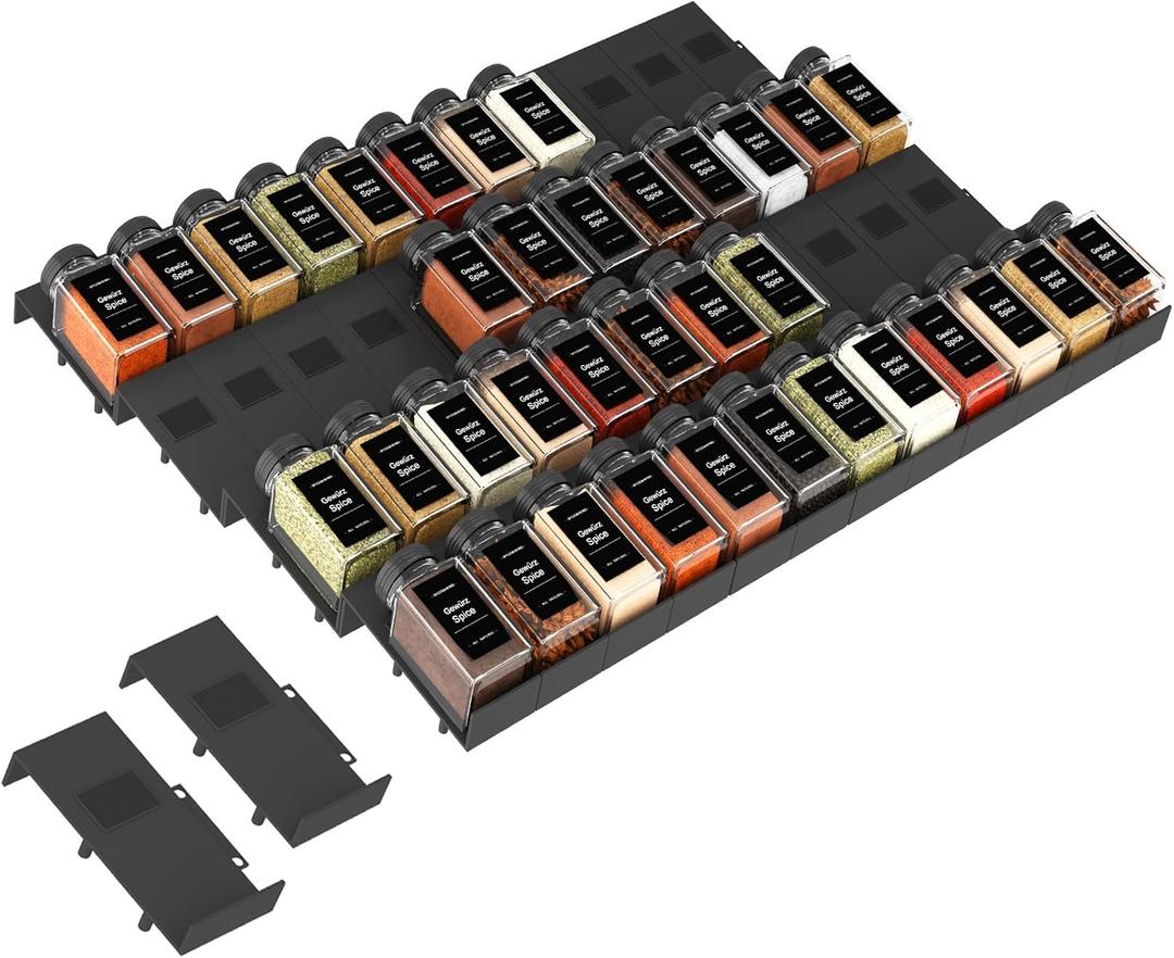 Famhap Spice Drawer Organizer, 48PCS Interlocking Expandable Seasoning Rack Tray Insert for Kitchen Drawers, Spice Rack Drawer for Spice Jars (Black)