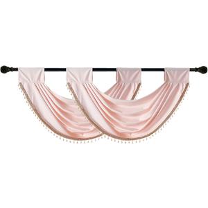 Waterfall Valance Curtains Pink Swag for Windows 2 Pack Decorative Beads Trims Small Window Treatments for Kitchen Living Room