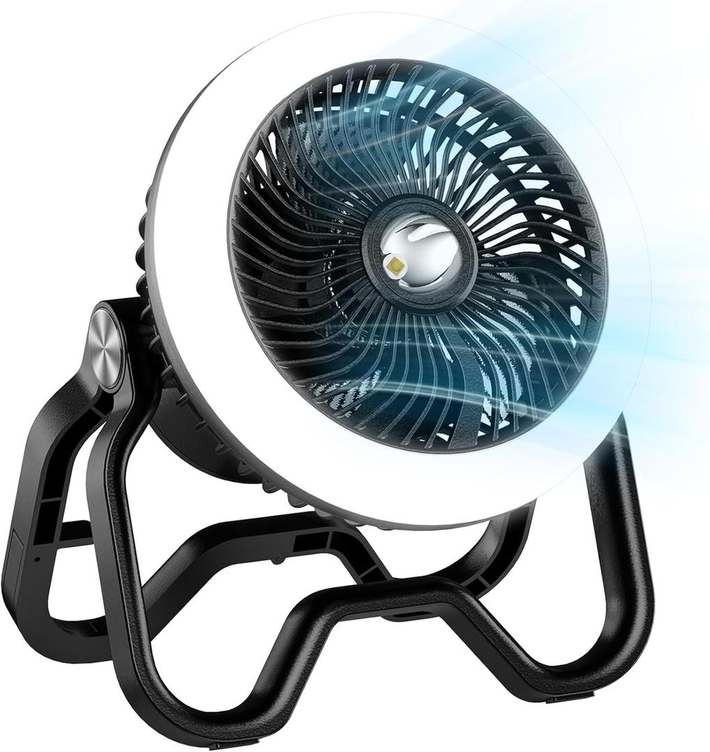 Portable Rechargeable Camping Fan with LED Lantern-40Hrs, Battery Operated Oscillating Fan with Remote, 3 Speeds for Tents, Outdoor, RV, OutageBlack