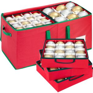Large Christmas Ornament Storage Box With Adjustable Dividers,Ornament Storage Container with 8 Removable Trays for 128 Holiday Decorations,Red