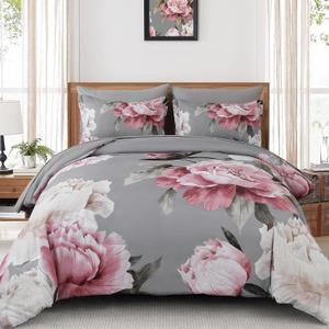Dobuyly Pink and Grey Comforter Set Queen Size 7 Piece Bed in a Bag, Floral Printed on Gray Comforter Set with Sheets, Soft Microfiber Botanical Complete Bedding Set for All Season