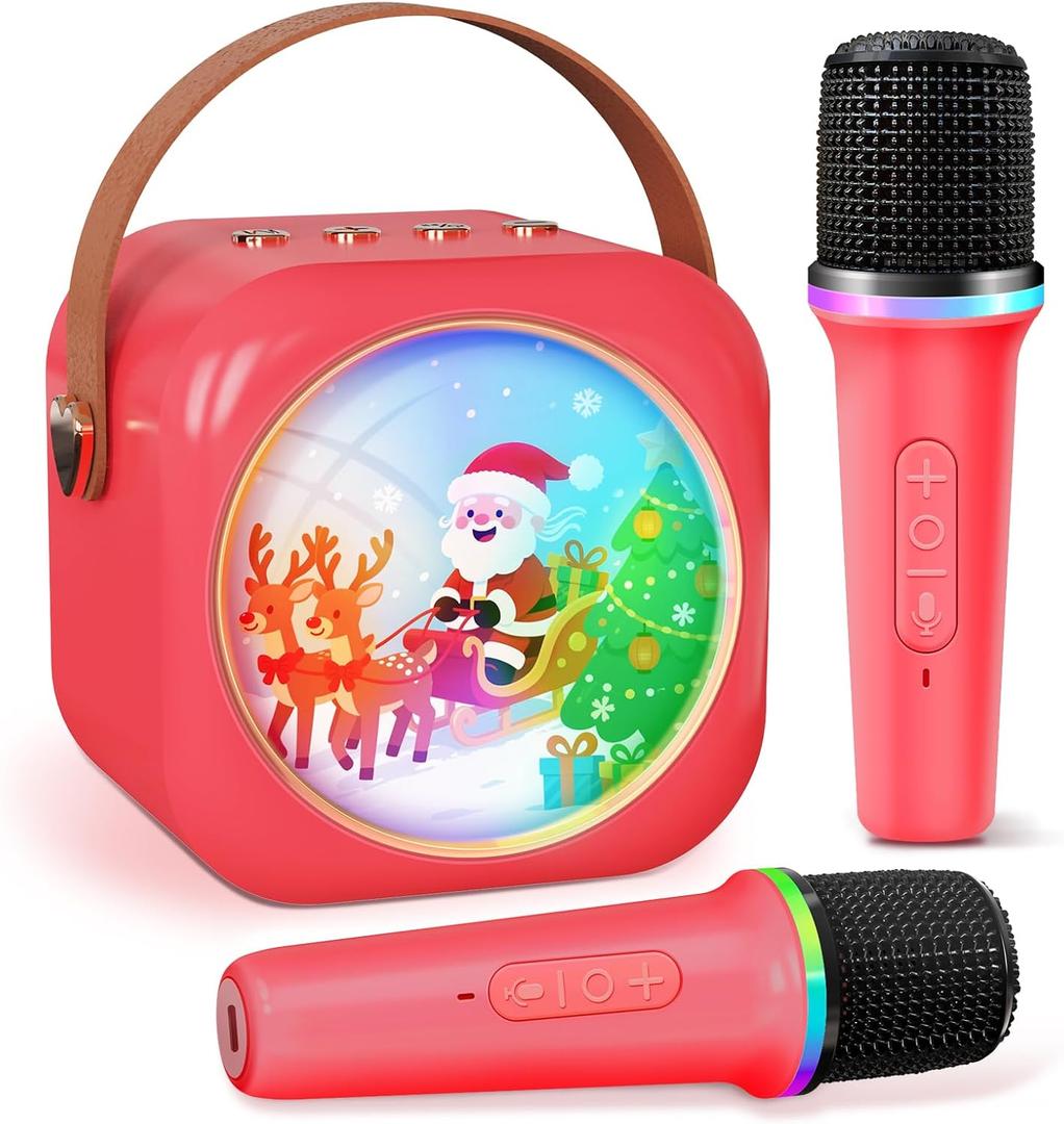 Karaoke Machine for Kids with 2 Wireless Microphones,Girls Speaker with Christmas Colorful LED Lights,Birthday Gift for 3-12 Years Old,Portable Toys for Home Party